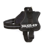 Schwarzes JULIUS-K9-Powergeschirr mit seitlichem Schriftzug, Schnalle und Haltegriff