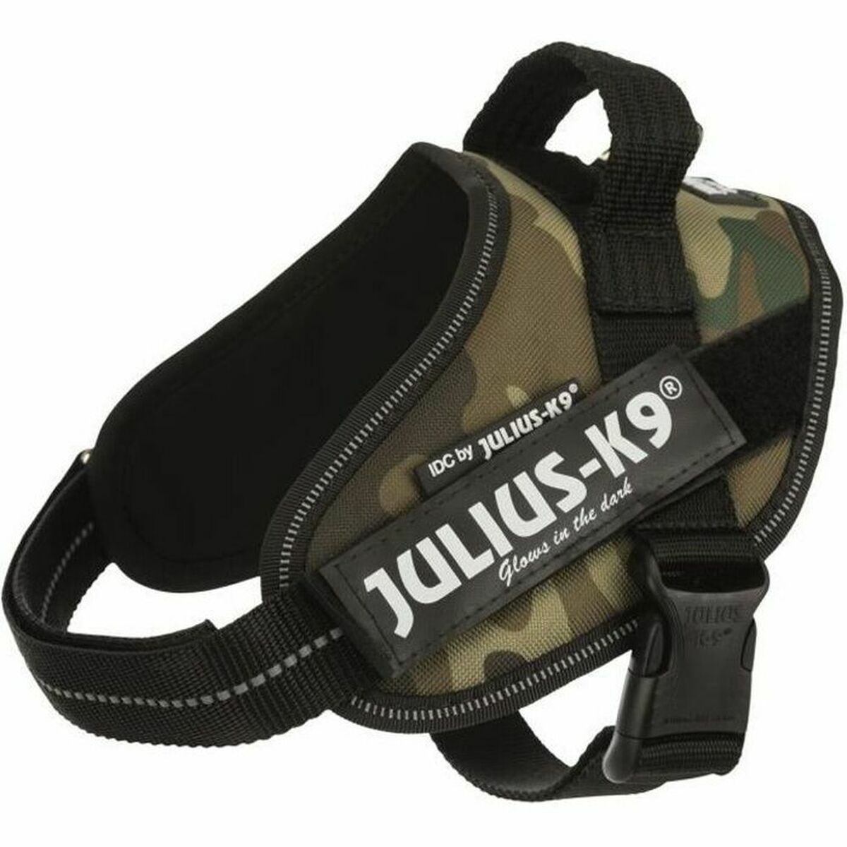Camouflagefarbenes IDC-Geschirr mit JULIUS-K9-Schriftzug in größerer Ansicht