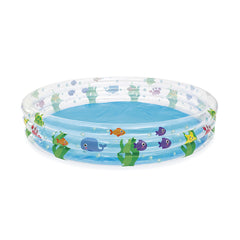 Rundes Bestway Deep Dive Planschbecken mit transparenten drei Luftringen, bunten Meeresmotiven und blauem Boden