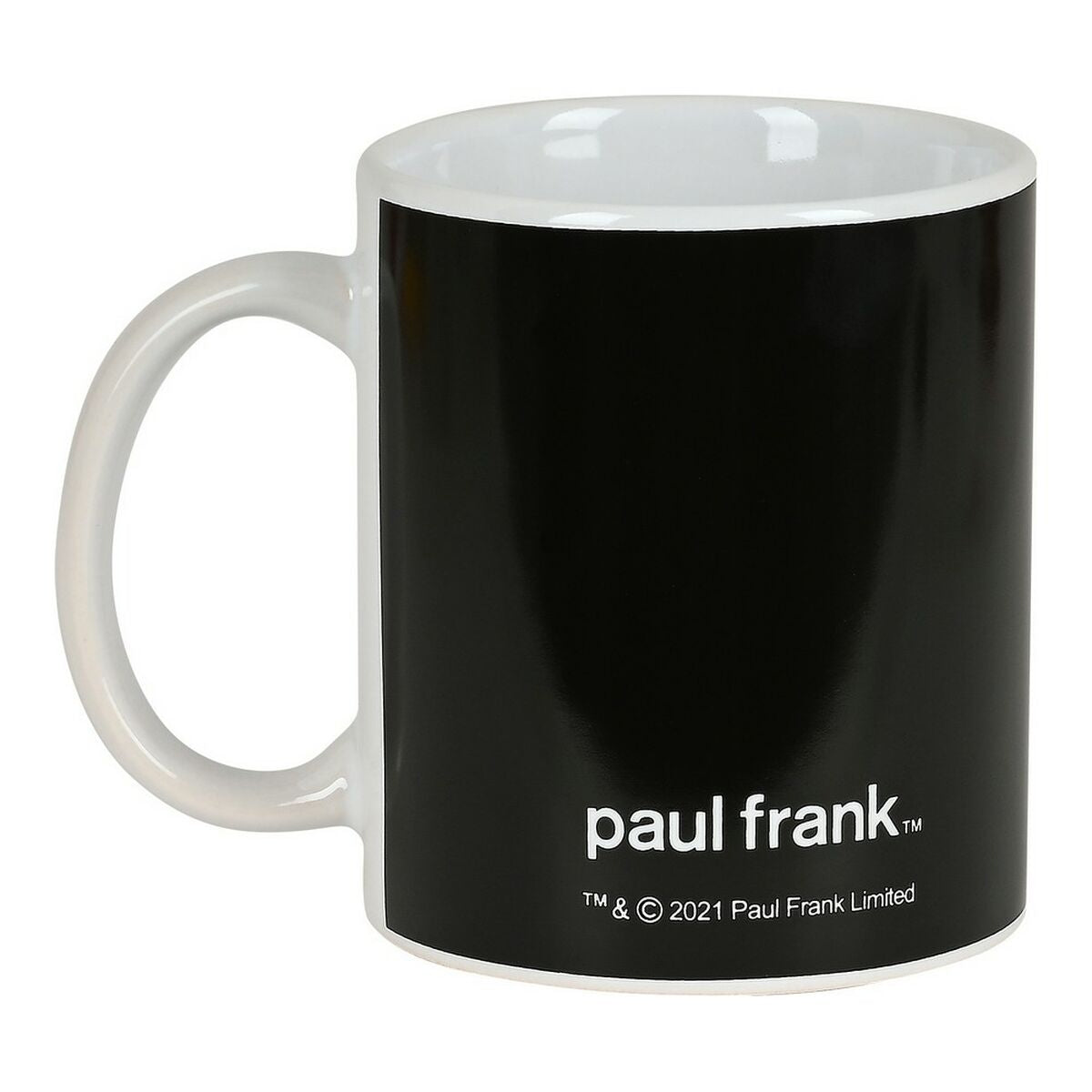 Rückseite der schwarzen Paul-Frank-Team-Player-Tasse mit weißem Schriftzug