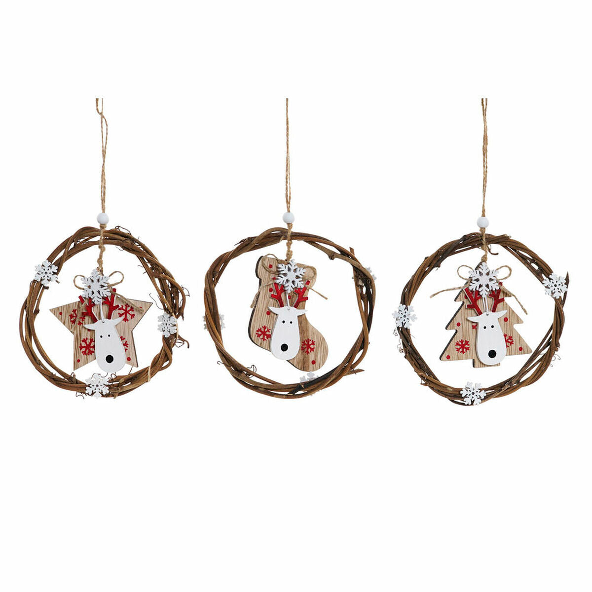 Drei runde braune DKD Weihnachtsanhänger aus Holz mit weißen Figuren, roten Akzenten und Aufhängeschnüren