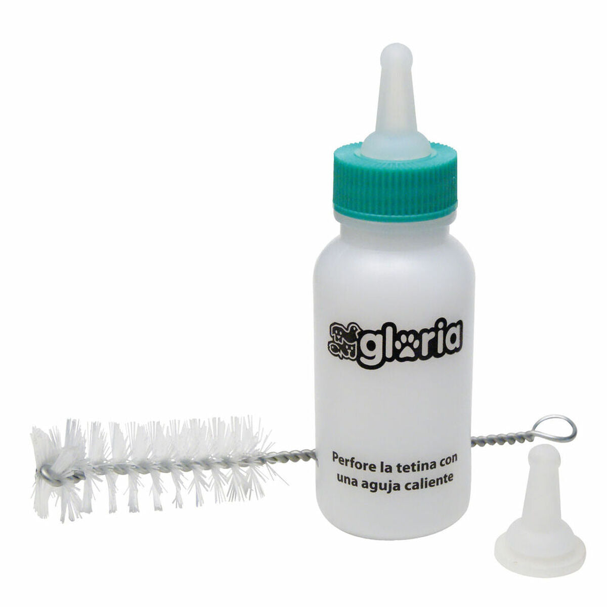 Weiße Gloria-Aufzuchtflasche mit grünem Verschluss, montiertem Sauger, zusätzlichem Sauger und Flaschenbürste