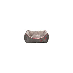 Graues TRIXIE-Hundebett mit rotem Randband, roten Pfotenmotiven und heller Innenfläche
