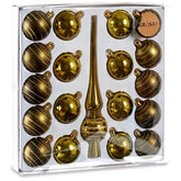 Originalpackung des Krist+ Christbaumschmuck-Sets mit 18 Kugeln und einer Baumspitze in metallisch glänzenden und dunkleren gestreiften Tönen