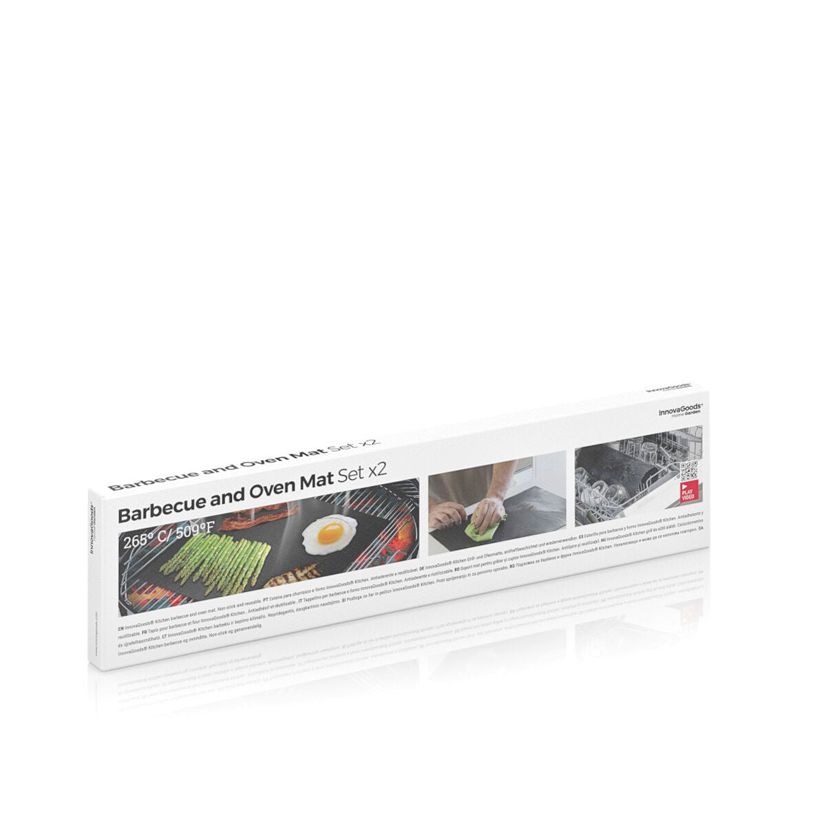 Verkaufsverpackung des InnovaGoods Grill- und Backmatten-Sets mit Anwendungsbildern