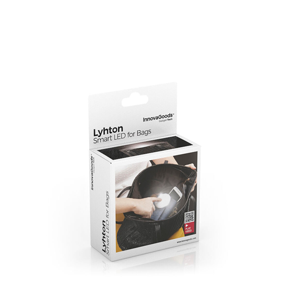Verpackung der Lyhton-LED-Leuchte mit Abbildung einer beleuchteten Tasche
