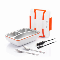 Pro Bentau Lunchbox mit Deckel, dreigeteilter Edelstahlschale, Löffel, Gabel und Autokabel vor weißem Hintergrund