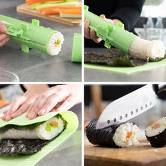 Bildfolge zum Auspressen, Rollen und Schneiden einer Sushirolle mit Suzooka