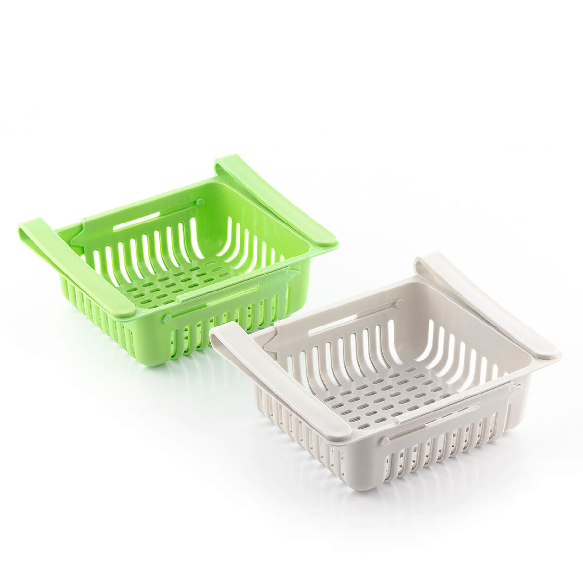Zwei Friwer-Kühlschrank-Organizer in Grün und Grau auf weißem Hintergrund