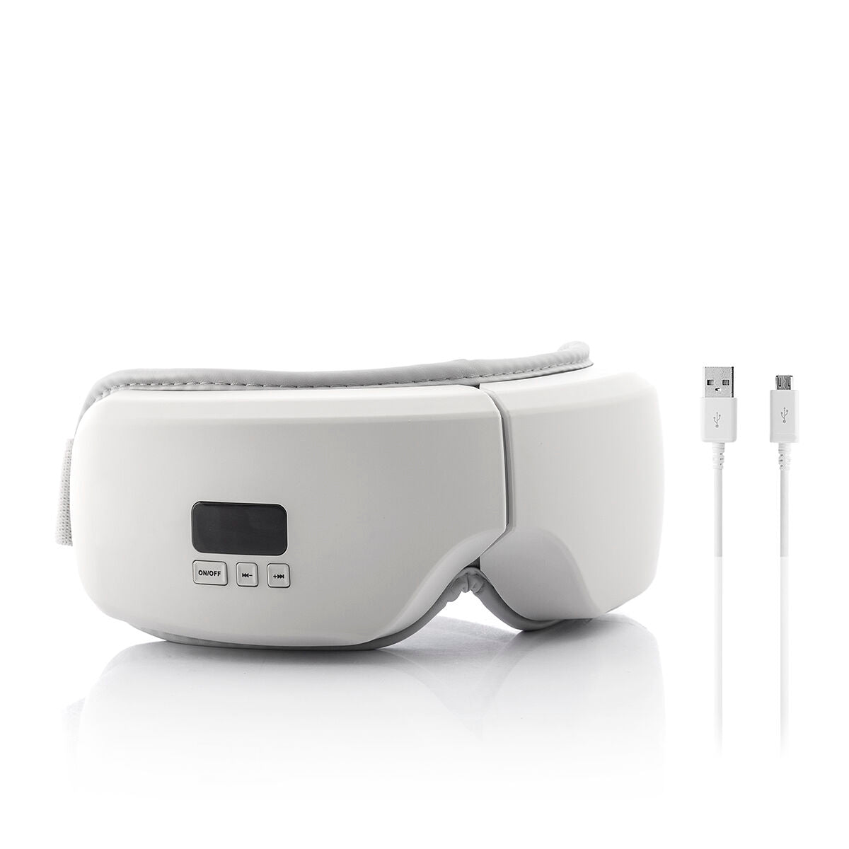 Eyesky-Massagebrille mit USB-C-Ladekabel auf weißem Hintergrund