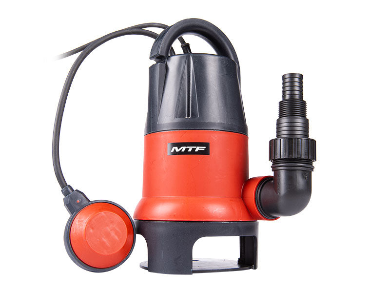 Rot-schwarze MTF WPE040D Tauchpumpe mit seitlichem Schlauchstutzen, Kabel und rotem Schwimmerschalter