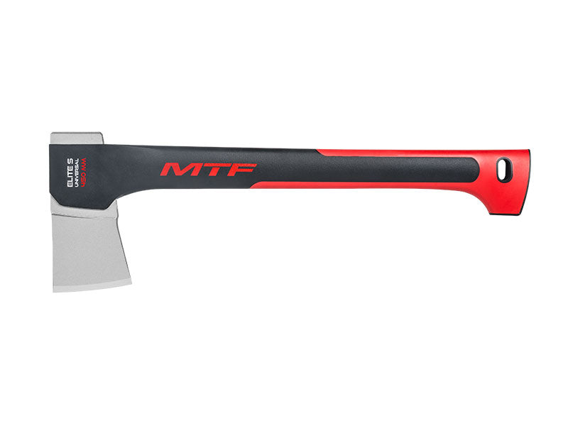 MTF Elite S Axt mit hellem Kopf, schwarzem Stiel und roter Griffzone, waagerecht auf weißem Grund