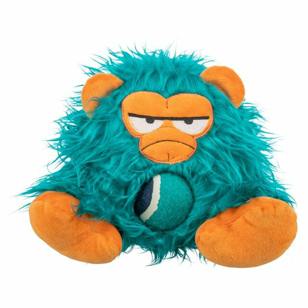Türkisfarbenes TRIXIE-Plüsch-Monster mit orangefarbenen Pfoten und Tennisball in der Bauchöffnung