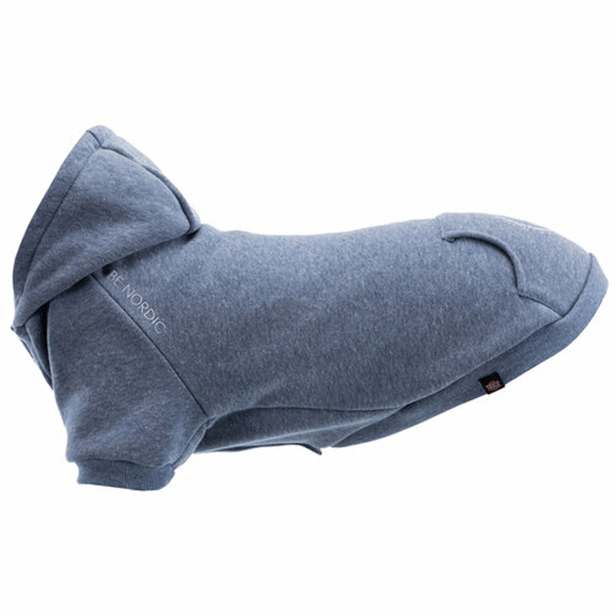 Blauer Flensburg-Hundepullover mit Kapuze, BE-NORDIC-Schriftzug und Tasche auf dem Rücken