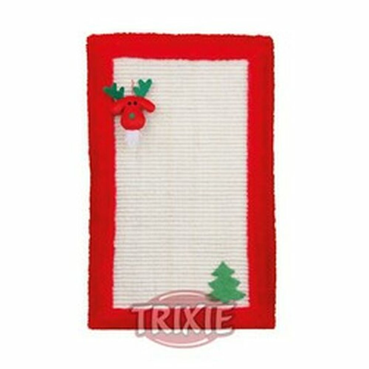 Große Ansicht der roten TRIXIE-Kratzmatte mit Rentier und Tannenbaum sowie eingeblendetem Markenlogo