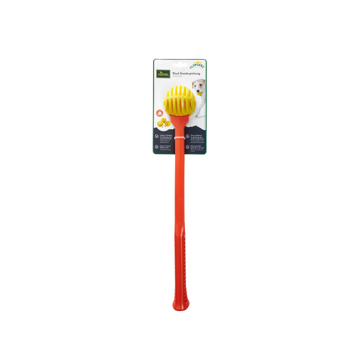 HUNTER-Flingerz-Set mit gelbem Gummiball und orangefarbenem Wurfstab an der Produktkarte
