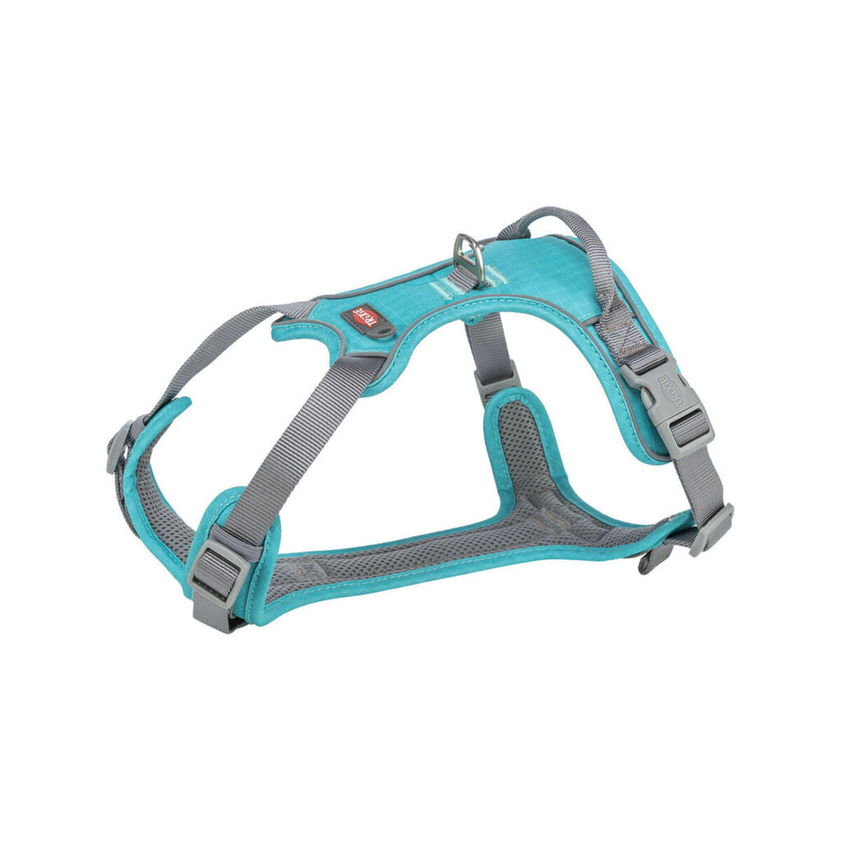 Aqua-graues TRIXIE-Premium-Active-Hundegeschirr mit Mesh-Polstern, Rückenring und Haltegriff