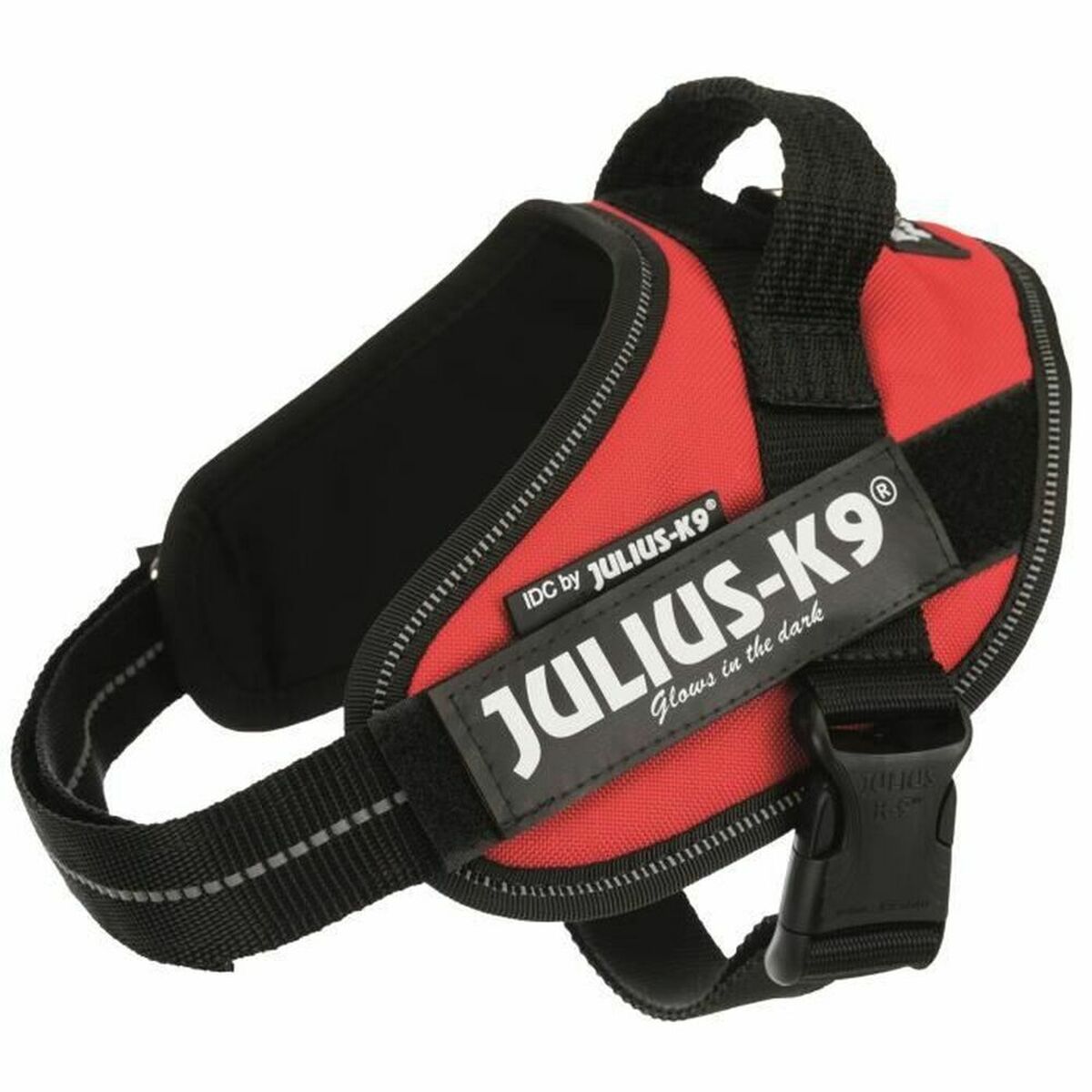 Rotes JULIUS-K9-IDC-Geschirr mit schwarzen Gurten und Haltegriff