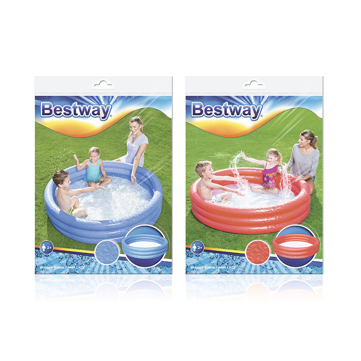 Zwei Bestway Verpackungsansichten des Splash-n-Smile-Planschbeckens in möglichen roten und blauen Ausführungen