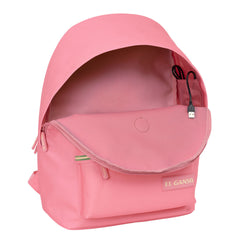 Geöffnetes Vorderfach des rosa El-Ganso-Basics-Rucksacks mit sichtbarer interner USB-Leitung