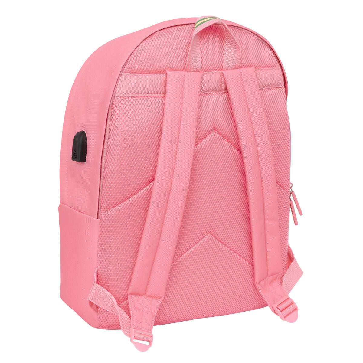 Rückseite des rosa El-Ganso-Basics-Rucksacks mit gepolsterten Trägern, Rückenfläche und seitlichem USB-Anschluss