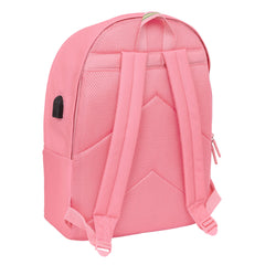 Rückseite des rosa El-Ganso-Basics-Rucksacks mit gepolsterten Trägern, Rückenfläche und seitlichem USB-Anschluss