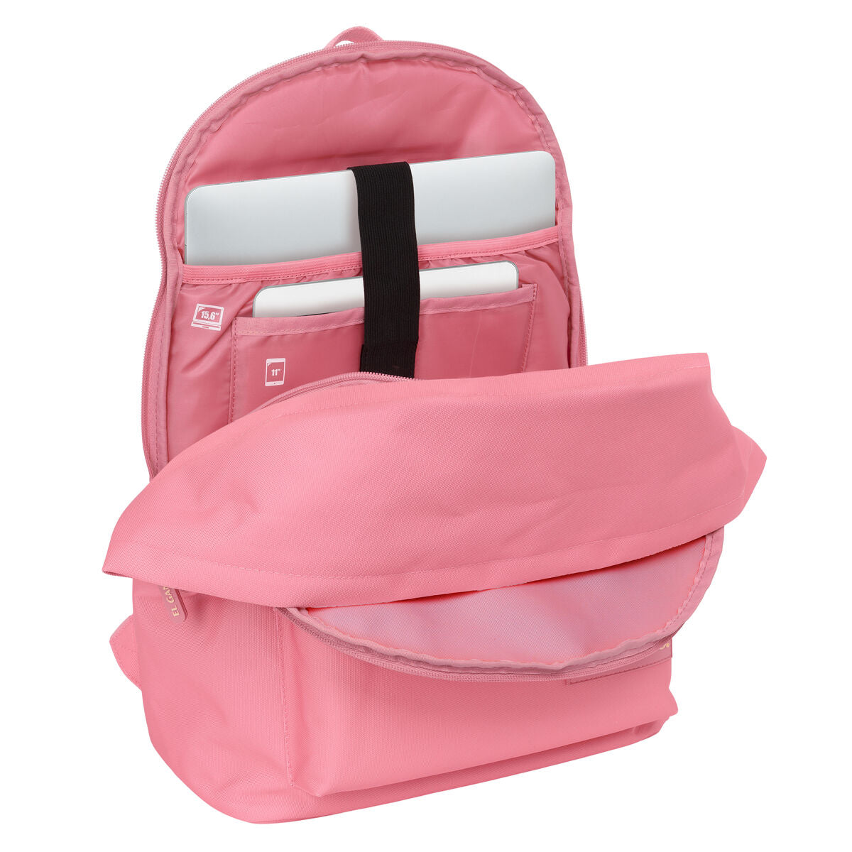 Geöffnetes Hauptfach des El-Ganso-Basics-Rucksacks mit Laptop- und Tabletfach sowie Haltegurt