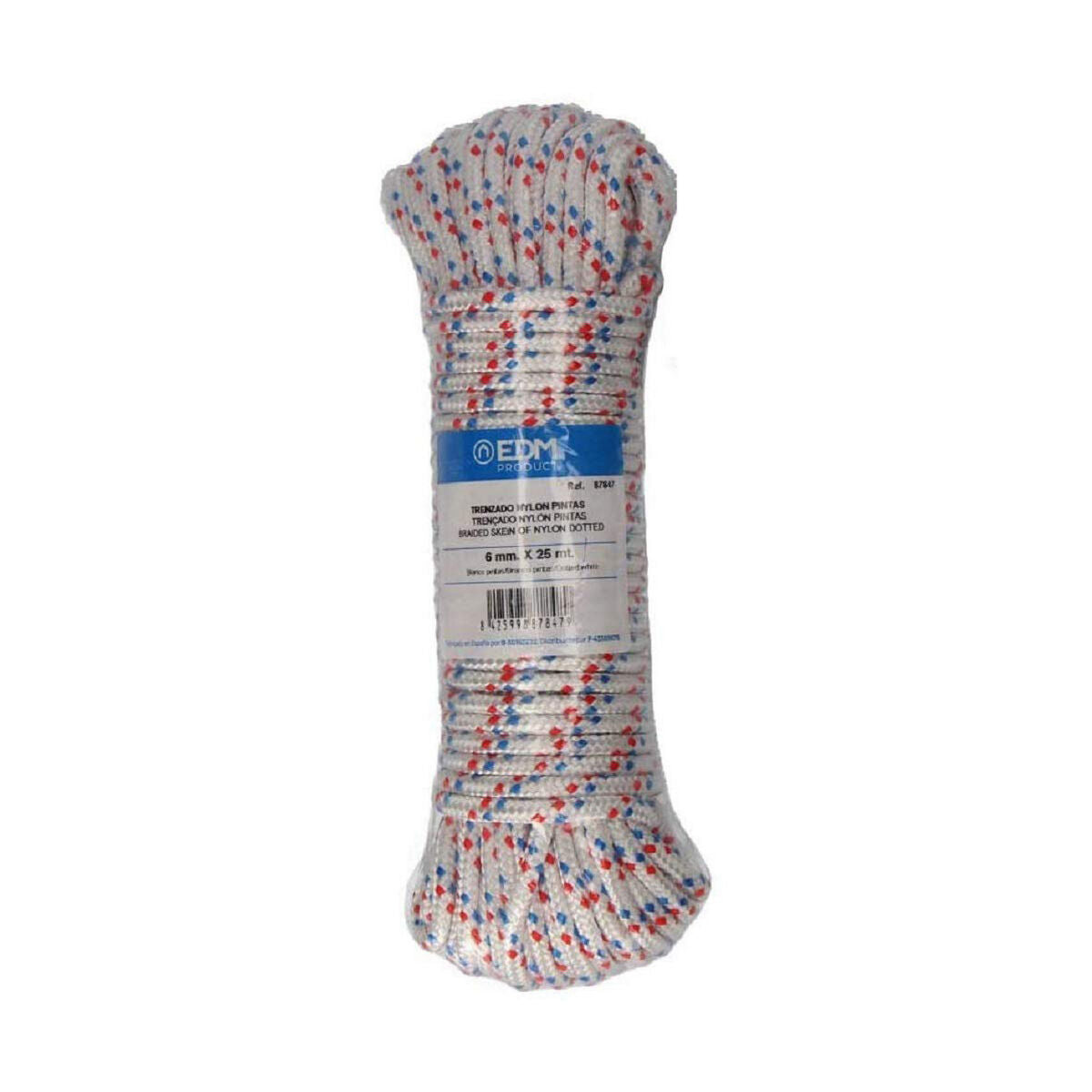 Weißes EDM Nylonseil 87847 mit roten und blauen Punkten, als Strang mit Originaletikett 6 mm × 25 m