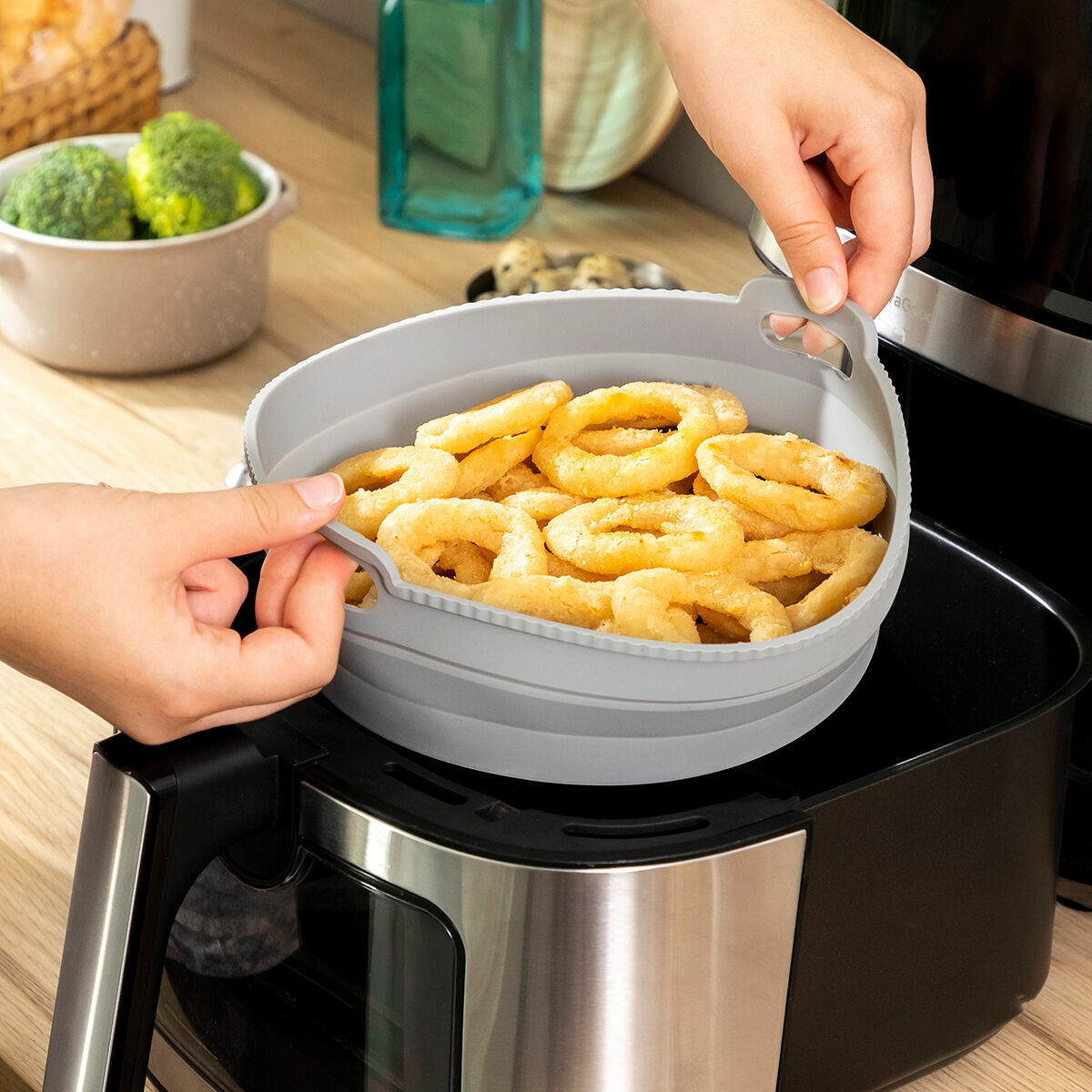Set faltbare Silikonkörbe mit Griffen und Trennern für Heißluftfritteuse InnovaGoods (3 Stk.) – Produktansicht 5