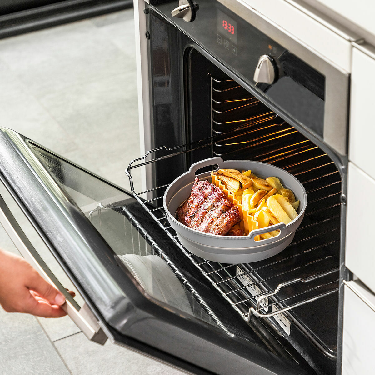 Set faltbare Silikonkörbe mit Griffen und Trennern für Heißluftfritteuse InnovaGoods (3 Stk.) – Produktansicht 8