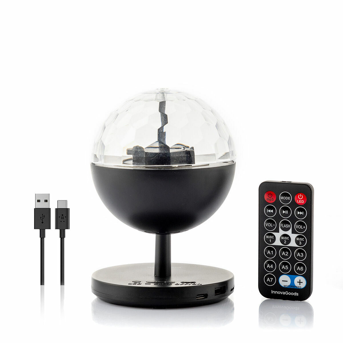 Schwarze Istarlyt-Discokugel mit USB-C-Kabel und Fernbedienung auf weißem Hintergrund