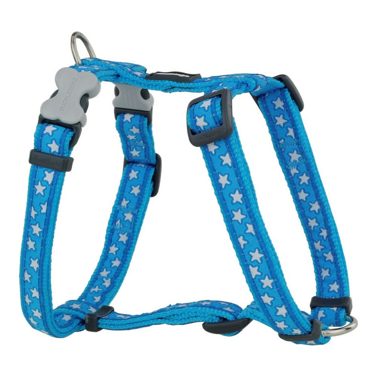 Türkis-blaues Red-Dingo-Stars-Hundegeschirr mit weißen Sternen, grauen Verschlüssen und Metallringen