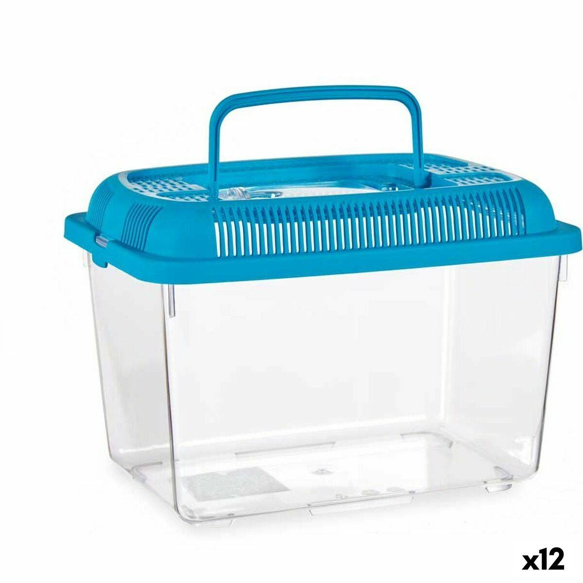 Transparenter Mascow Fischbehälter mit blauem belüftetem Deckel und Tragegriff, Kennzeichnung für zwölf Stück