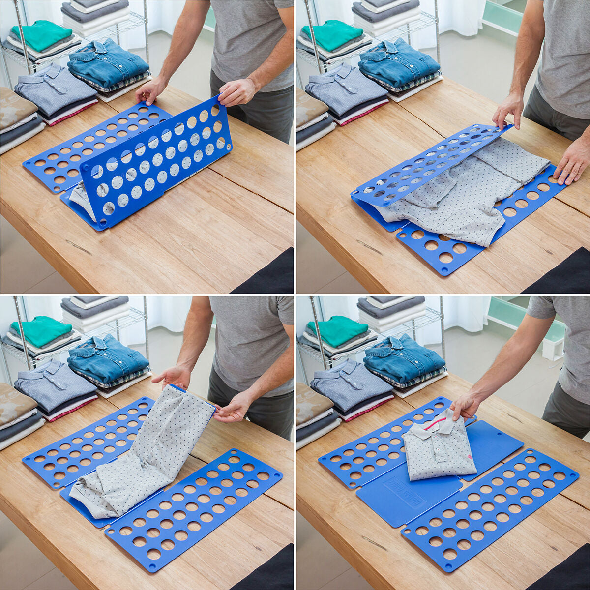 Vier Bildschritte zeigen das Zusammenlegen eines Hemds mit dem blauen Wäschefaltbrett
