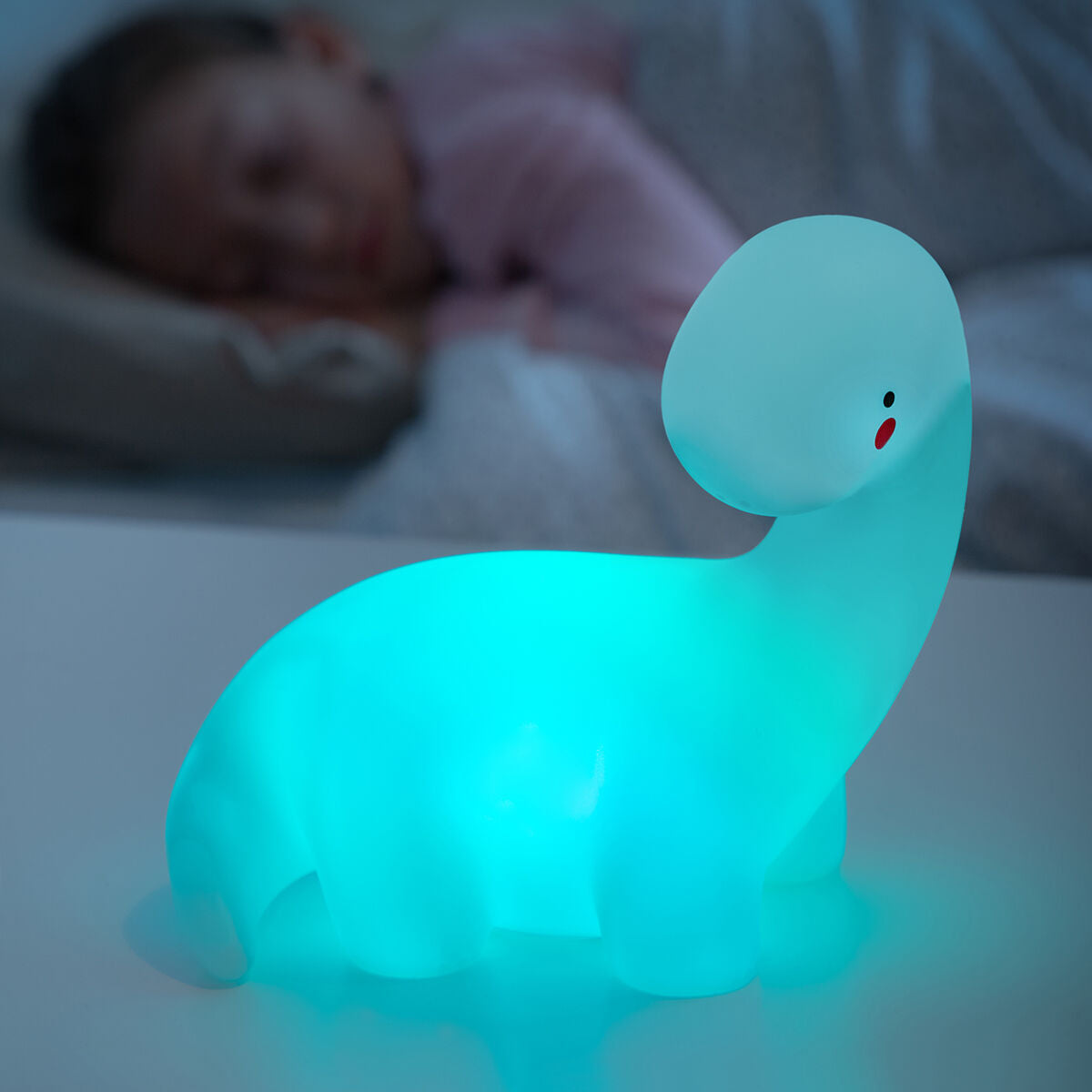 Lightosaurus LED-Dinosaurierlampe mit blauem Licht im Kinderzimmer