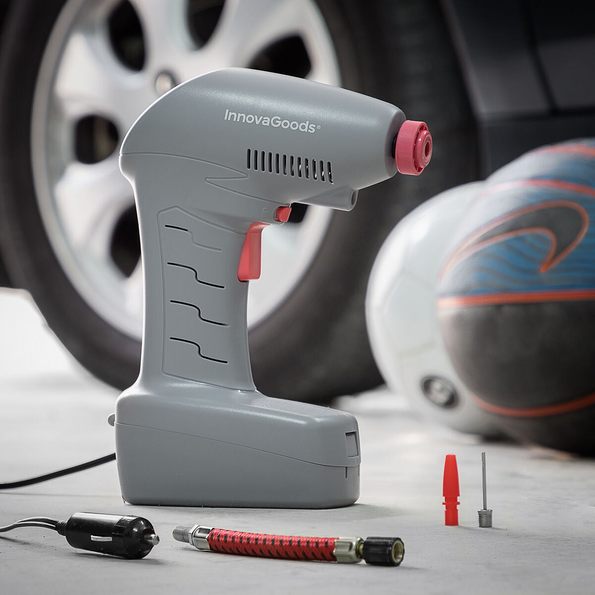 Airpro+ Kompressor mit Anschlusskabel und Ventilaufsätzen