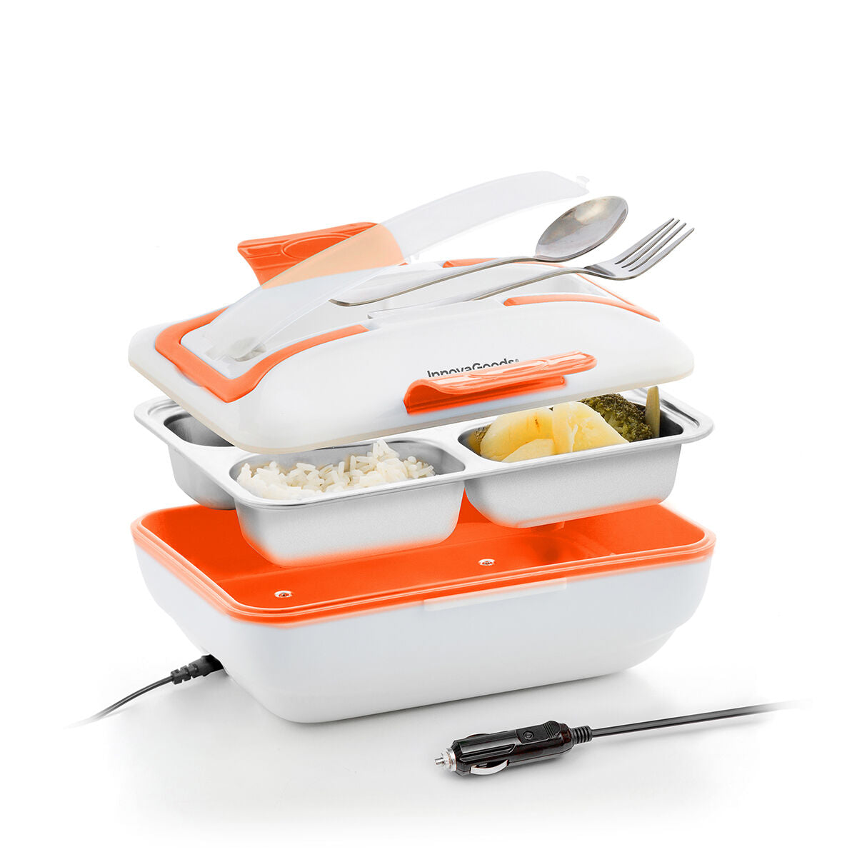 Explosionsansicht der Pro Bentau Lunchbox mit Außengehäuse, Innenschale, Deckel, Besteck und Kabel