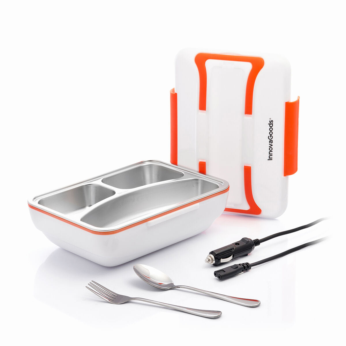 Pro Bentau Lunchbox mit Deckel, dreigeteilter Edelstahlschale, Löffel, Gabel und Autokabel vor weißem Hintergrund