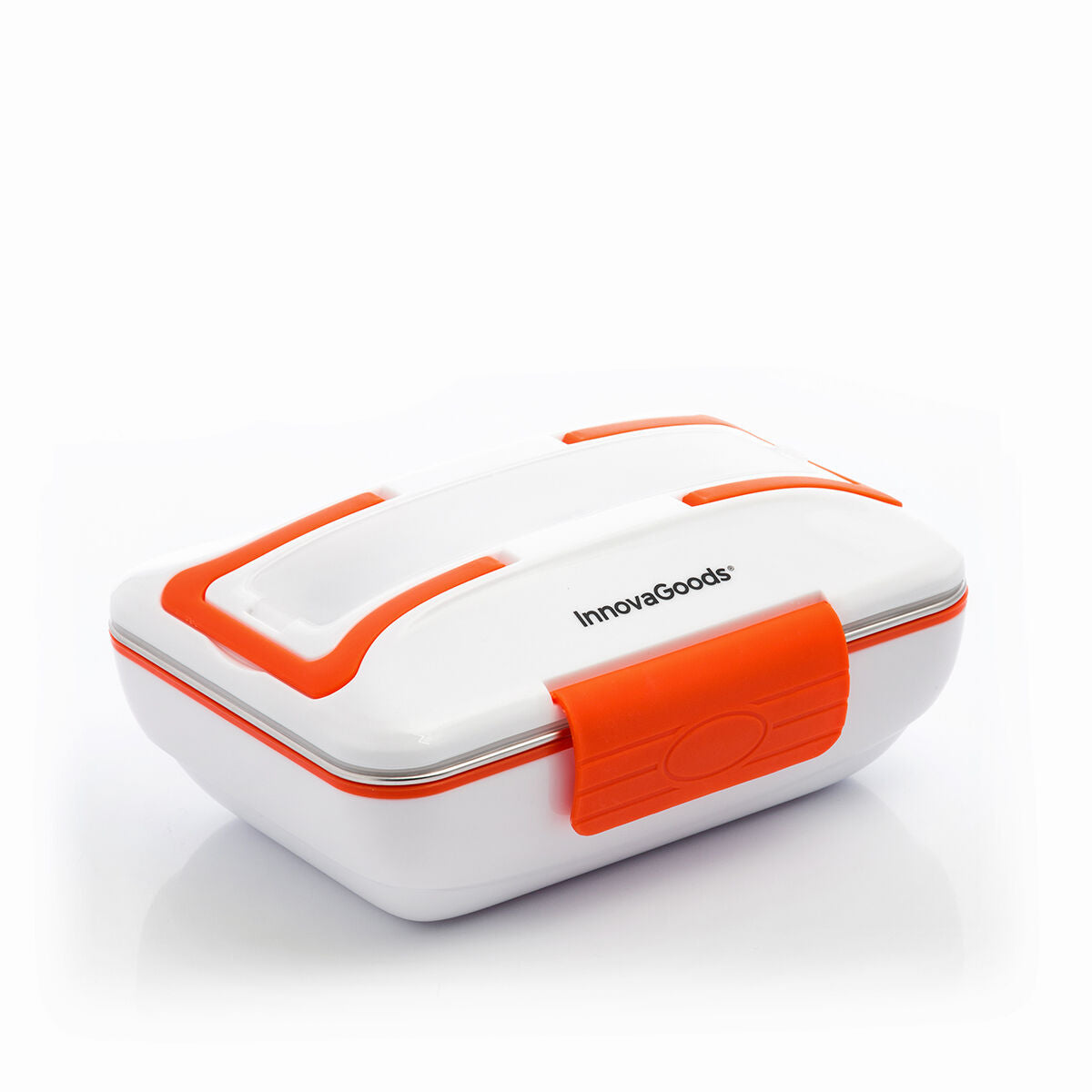 Geschlossene weiß-orange Pro Bentau Auto-Lunchbox vor weißem Hintergrund