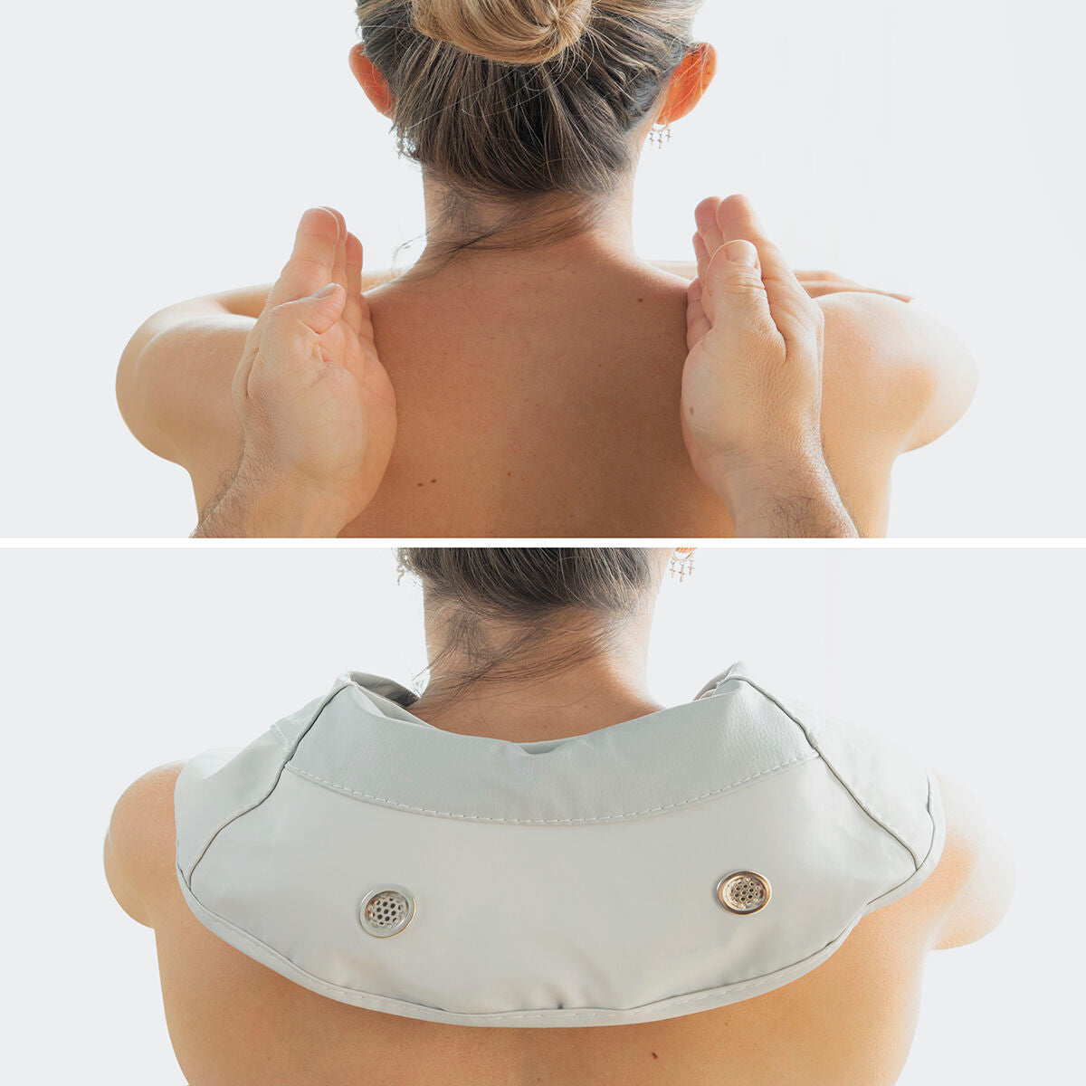 Geteiltes Bild mit manueller Nackenmassage und Tappilan-Gerät am Nacken