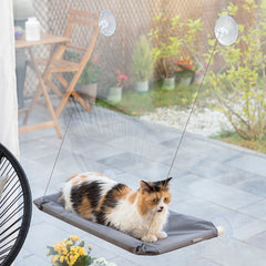 Katze liegt auf der grauen Catlax Fensterliege an einer Glasscheibe