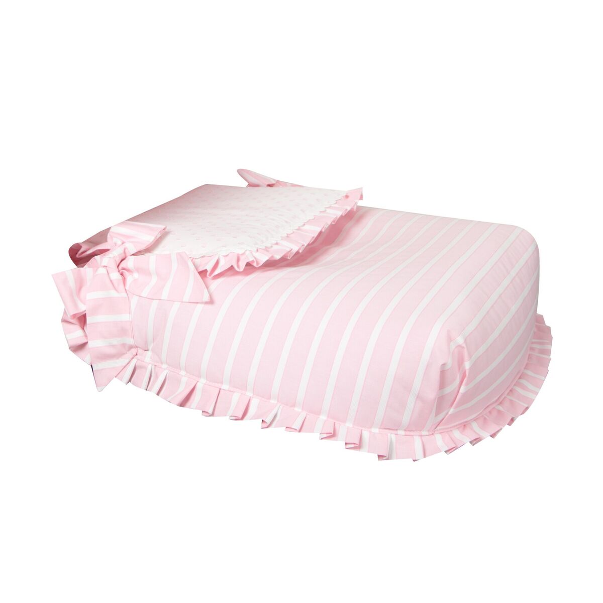 Rosa-weiß gestreifte Babyline-Oporto-Steppdecke mit Rüschenkante und dekorativer Schleife