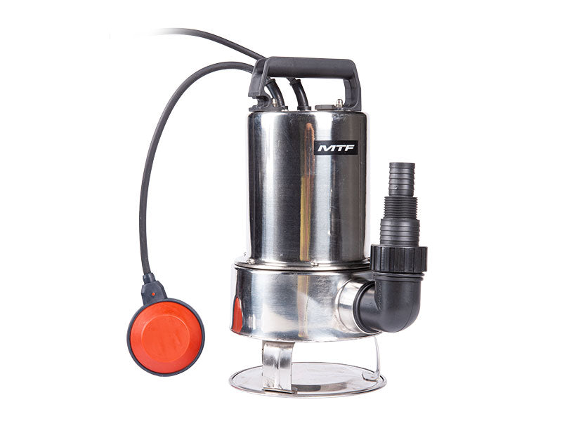 MTF WPE055D Tauchpumpe mit silberfarbenem Gehäuse, schwarzem Griff, Schlauchstutzen und rotem Schwimmerschalter