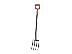 MTF Original Grabegabel mit vier schwarzen Zinken, langem dunklem Stiel und rotem D-Griff