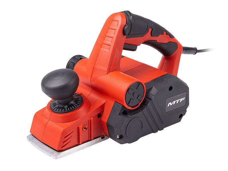 Rot-schwarzer MTF EH0900EB Elektrohobel mit vorderem Einstellknopf, Bügelgriff und seitlichem Spanauswurf