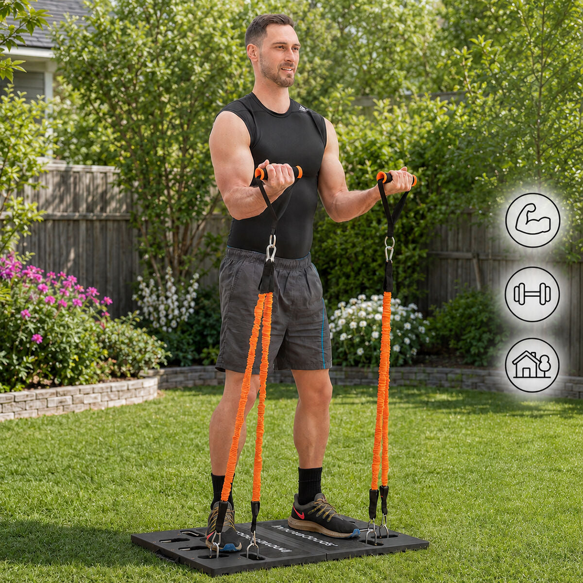 Gympak-Max-Handgriffe werden bei einer Übung auf der Basis im Garten verwendet