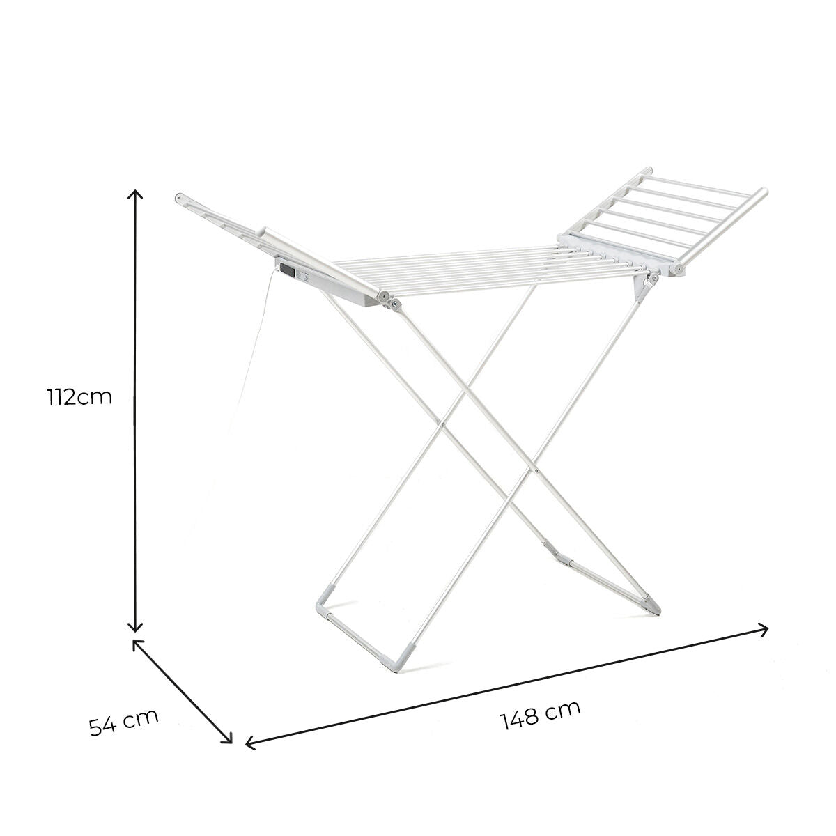 Maßdarstellung des aufgeklappten Warmmat mit 148 × 112 × 54 cm