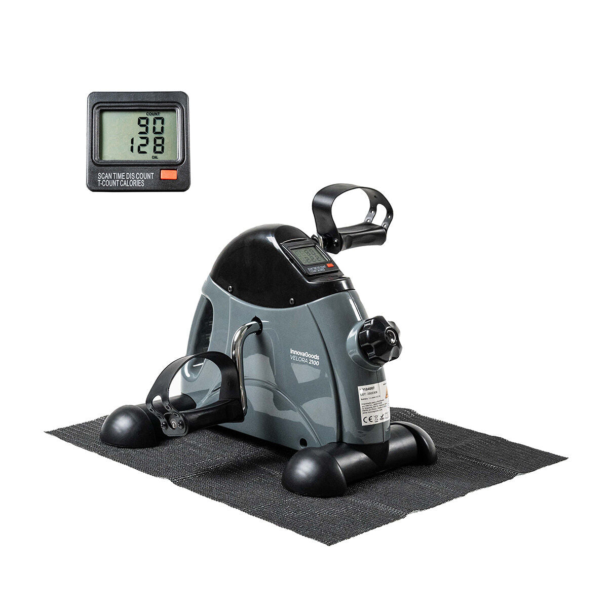 Velora-2100-Pedaltrainer mit Matte und vergrößerter LCD-Ansicht auf weißem Hintergrund