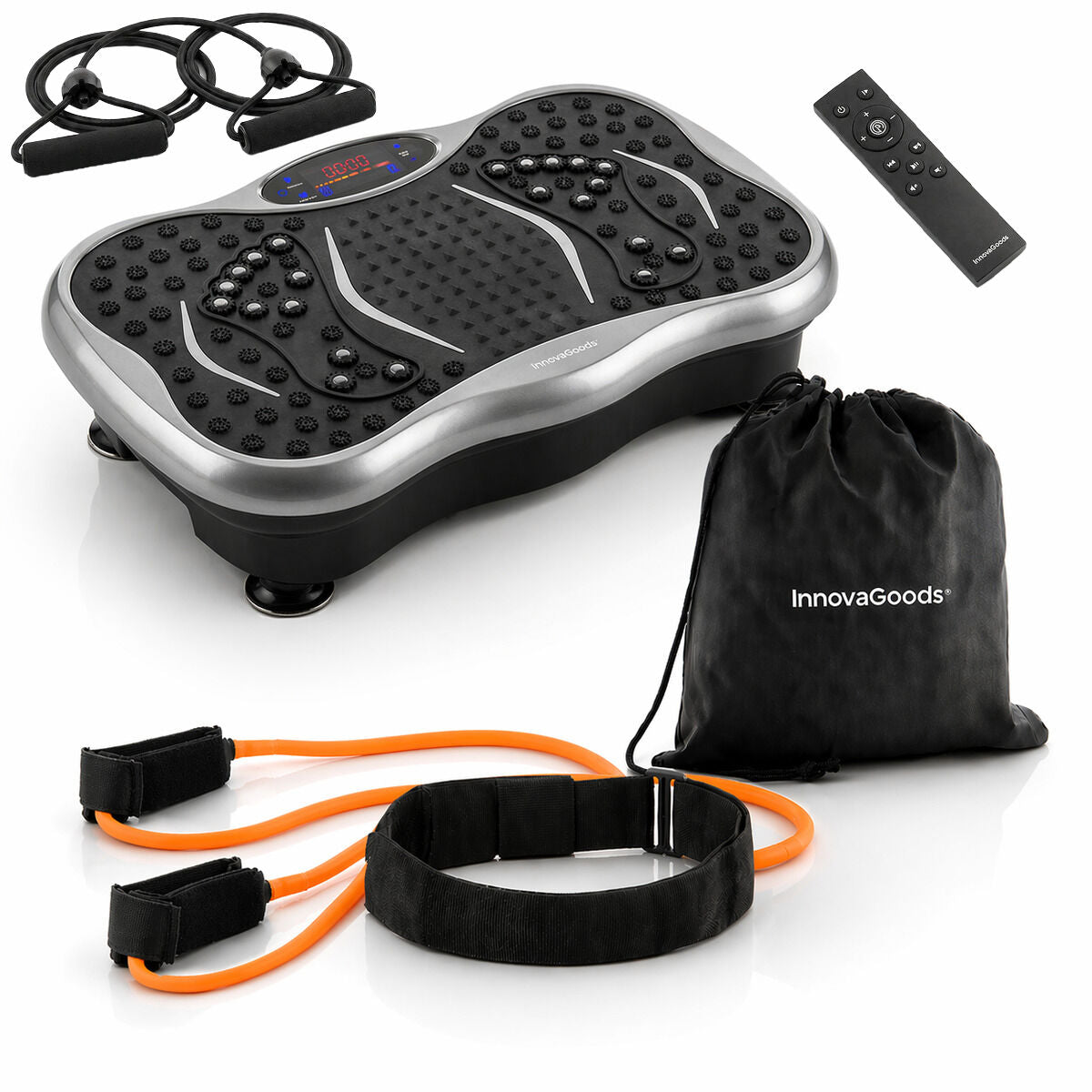 Set Vibrationsplatte mit Lautsprecher, Fernbedienung und Gürtel mit Widerstandsbändern InnovaGoods – Produktansicht 1